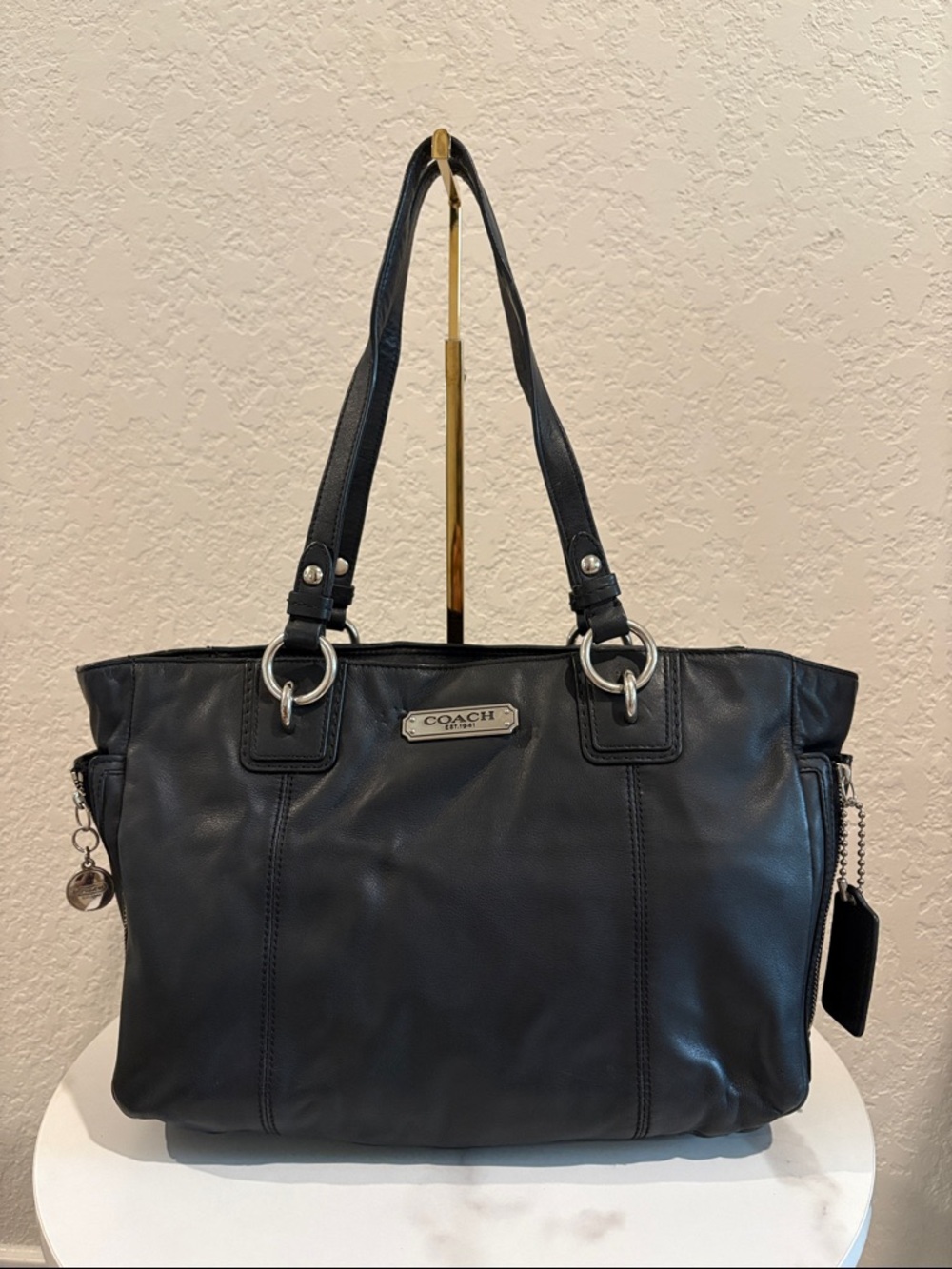 Coach Black Leather Shoulder Tote with Silver Hardware